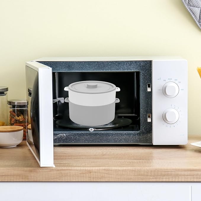 BestYiJo Microwave Rice Cooker 2-Layer Microwave Pasta Cooker and Steamer for Rice Vegetables Quinoa Oatmeal Ramen –Silicone Non-Stick(GREY)