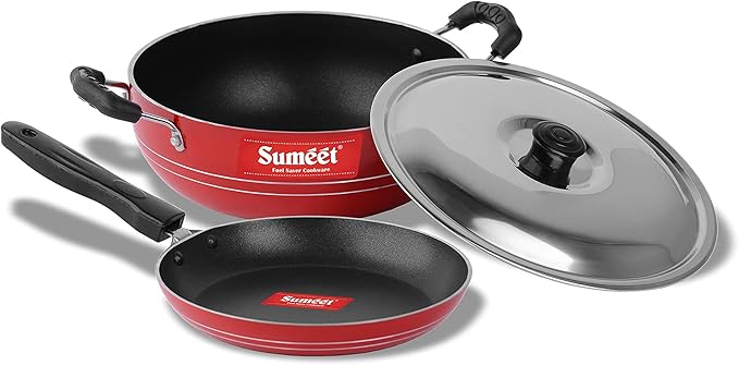 Sumeet 2.6mm Thick Non-Stick Blush Cookware set (Kadhai With Lid – 1.5Ltr capacity- 20cm Dia + Tapper pan – 20cm Dia)