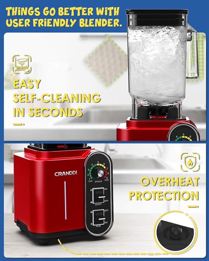CRANDDI Smoothie Blender 52oz 1800 Watt commercial blender professional blenders Stainless Steel Blade 9 Speed &amp Self-Cleaning Build-in Pulse K98C Red