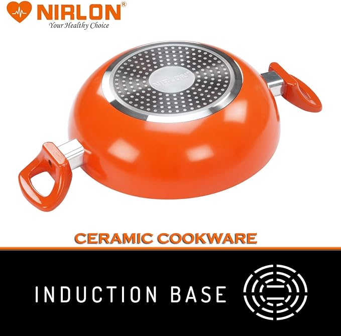 NIRLON Non-Stick Induction Ceramic Casserole and Kadhai with Glass Lid - Set of 2 (Orange)