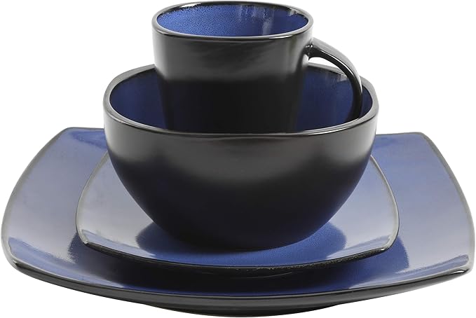 Gibson Elite Soho Lounge Square Reactive Glaze Stoneware Dinnerware Set Service for 4 (16pc) Sapphire