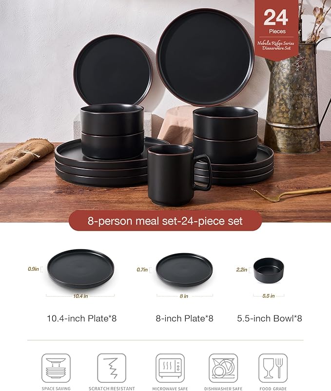 Famiware Nebula Ridge Stoneware Dinnerware Sets for 8 24 Pieces Plates and Bowls Sets Dishes Set Microwave and Dishwasher Safe Kitchen Plates Matte Black