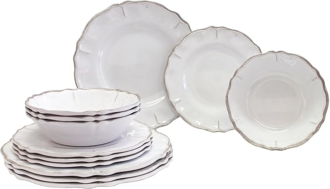 Le Cadeaux 12 Piece Luxury Melamine Dinnerware Set Service for 4 (Rustica Antiqua White)
