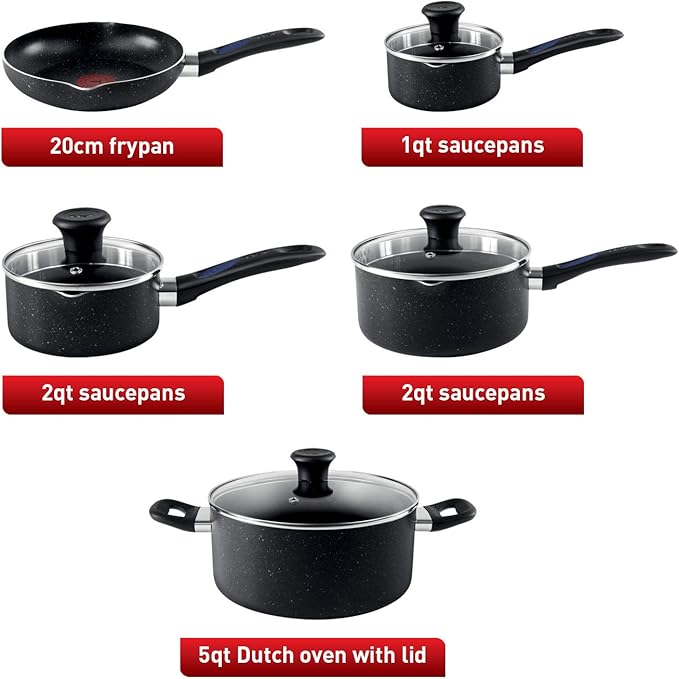 T-fal Signature 9pc Cookware Set Non Stick pots and Pans Non Toxic Cookware Set Thermo-spot Heat Indicator Dishwasher Safe Black