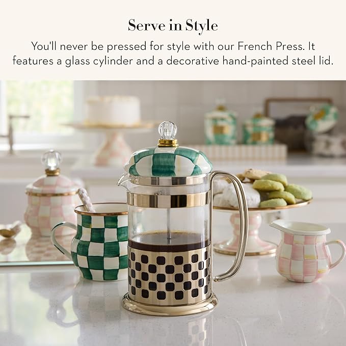 MACKENZIE-CHILDS Coffee French Press Glass French-Press Coffee Maker 32-Ounce Capacity Green-and-White Emerald Check