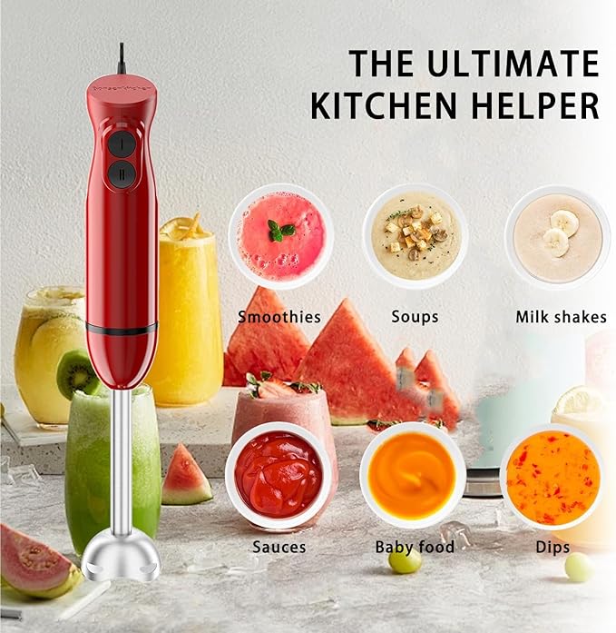 Bonsenkitchen Red Immersion Hand Blender 2-Speed Stick Mixer for Smoothies Soup &amp Baby Food Portable Electric Blender with Stainless Steel Blades Easy Clean