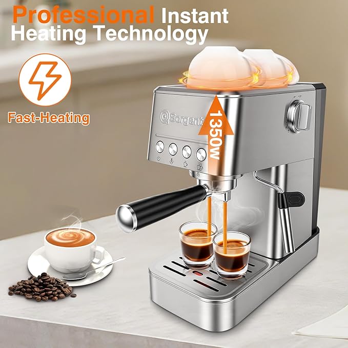 Sorgente Espresso Machine 20 Bar Stainless Steel Coffee Maker with Milk Frother 1350W with Fast-Heating System Innovative Coffee Grounds Filter Espresso Machines for Home Barista