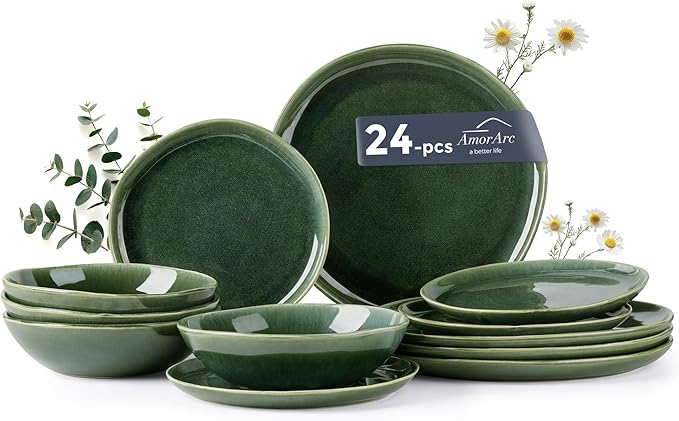 AmorArc Ceramic Dinnerware SetsHandmade Reactive Glaze Stoneware Plates and Bowls SetsHighly Scratch Resistant | Dishwasher &amp Microwave Safe Dishes SetService for 8 (24pc)