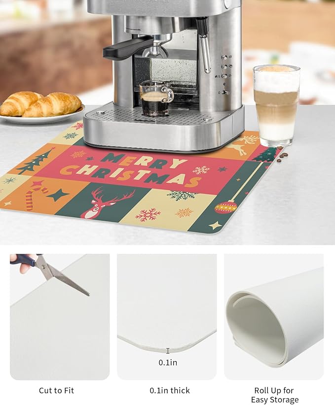 Coffee Mat Coffee Bar Mat for Countertops Merry Christmas Xmas Tree Ball Elk Snowflake Gifts Absorbent Coffee Maker Mat Rubber Backed Dish Drying Mat for Coffee Espresso Machine Coffee Maker 16x24