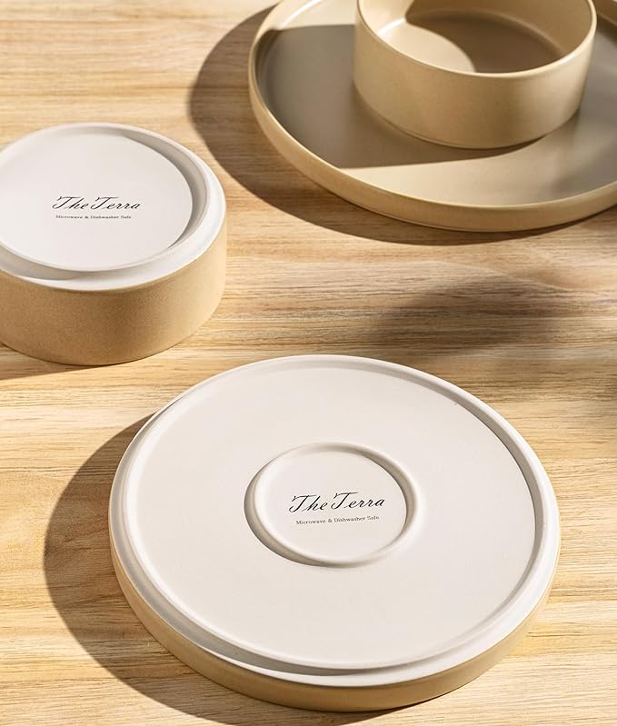TheTerra Ceramic Dinnerware Sets for 4 12 Pieces Handmade Reactive Glaze Plates and Bowls Set Scratch Resistant Dish Set Oven &amp Microwave &amp Dishwasher Safe Ivory Cream