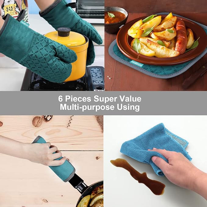 KEGOUU Oven Mitts and Pot Holders 6pcs Set Kitchen Oven Glove High Heat Resistant 500 Degree Extra Long Oven Mitts and Potholder with Non-Slip Silicone Surface for Cooking (Lake Blue)