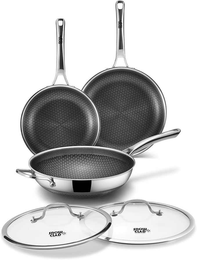 3-Piece Hybrid Stainless Steel Cookware Set-12 Inch Wok with Lid10 Inch Frying Pan12 Inch Skillet with Lid-Non StickPFOA FreeDishwasher&ampOven SafeInduction CompatibleCookware Set.
