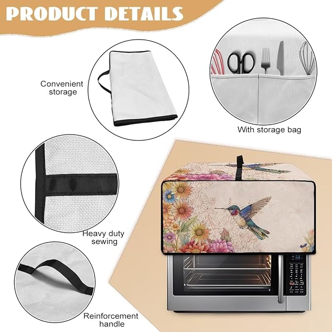 Convection Toaster Oven Cover with Storage Side Pockets Fits Most Kichen Countertop Applances Dustproof Toaster Oven Covers for Family Kitchen Essential Hummingbird Floral