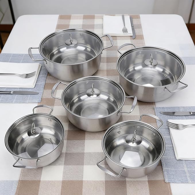 SUS Stainless Steel Cookware Set Kitchen Cooking Pots Set with Glass Lids for Everyday Cooking 18 to 26cm