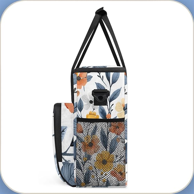 Flower Print Coffee Maker Carring Bag Large Insulated Storage Organizer Case Tote Bags with Shoulder Strap for Travel Work Picnic