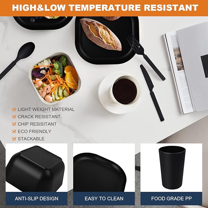 24 Piece Wheat Straw Square Dinnerware Sets for 4 Unbreakable Dinner Plates and Bowls Sets for Camping Party Grill (Black)