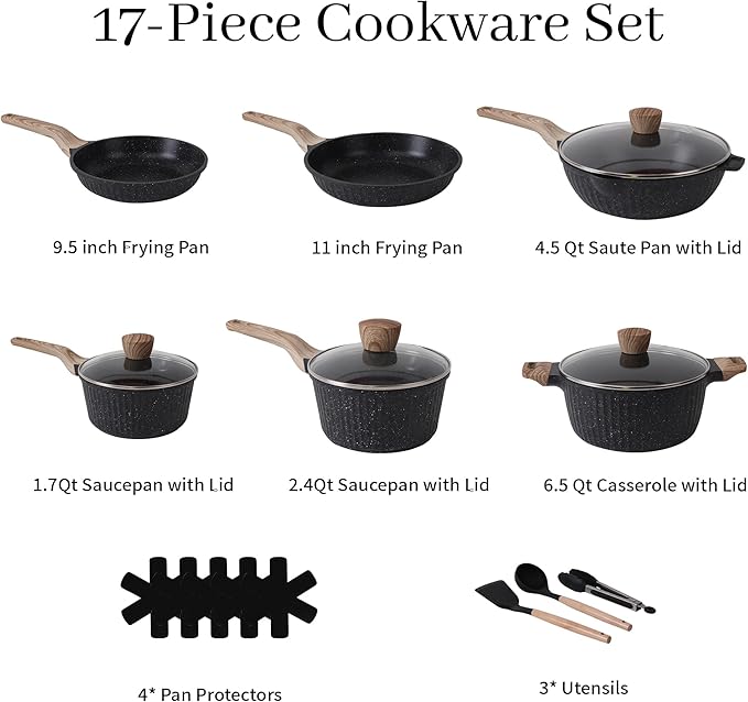 Pots and Pans Set Non Stick 17Pcs Kitchen Cookware Sets Granite Stone Induction Cookware Non Stick Cooking Set w/Frying Pans Saucepans Sauté Pan (PFOA Free) Black