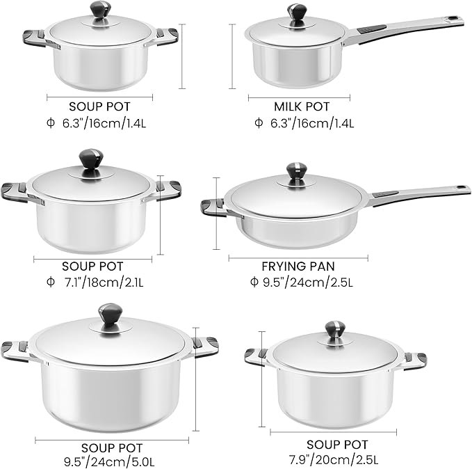 Stainless Steel Cookware Set 12-Piece Nonstick Stainless Steel Pan Set D5-Ply Base for Even Heating Dishwasher Safe Vented Glass Lids Heavy-Duty Especially for Home &amp Beginner Cooking