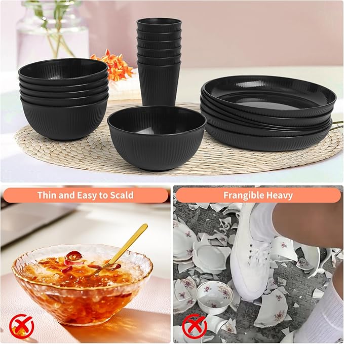 36 Pcs Lightweight Black Wheat Straw Dinnerware Set - Unbreakable Dishes for Kitchen &amp Camping | Microwave Dishwasher Safe