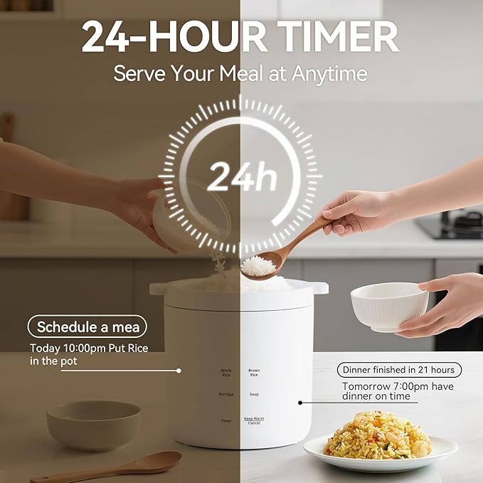 olayks Mini Rice Cooker Small Electric Cooker 2 Cup Uncooked with 4 Cooking Functions Ceramic Rice Cooker with 24 Hour Preset Heat Preservation Anti Scald Carry Handle