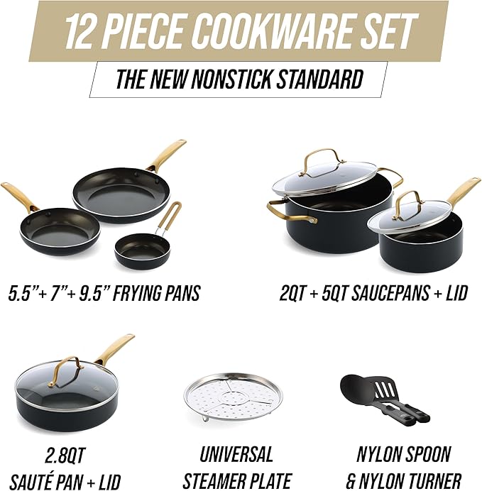 Blue Diamond Gold 12 Piece Cookware Set PFAS-Free Ceramic Nonstick Pots &amp Pans Induction Ready for All Cooktops Kitchen Serving Utensils Dishwasher Safe Black