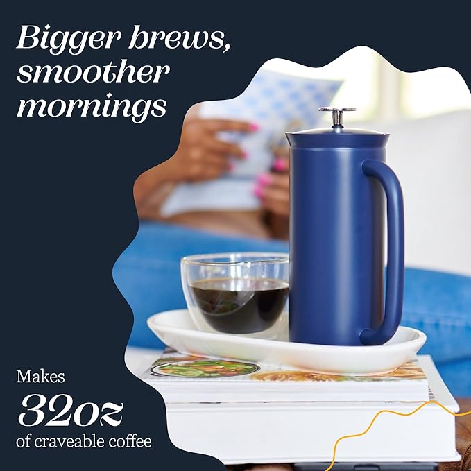 ESPRO P7 French Press Stainless Steel 304 – Patented Double Walled Micro-Filter Insulated French Press Coffee Maker Grit-Free Brew - Heat Resistant BPA Free - Aegean Blue (32oz)
