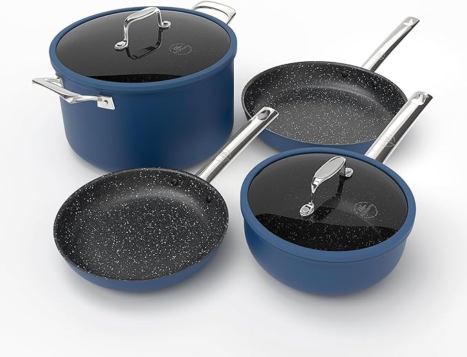 Kitchen Academy Plasma Titanium Ceramic Nonstick Cookware Set - 6 Piece Induction Pots and Pans Set Non Stick Blue Healthy Non Toxic Cooking Ware Set with Scratch Defense Technology PFOA&ampPFOS Fr
