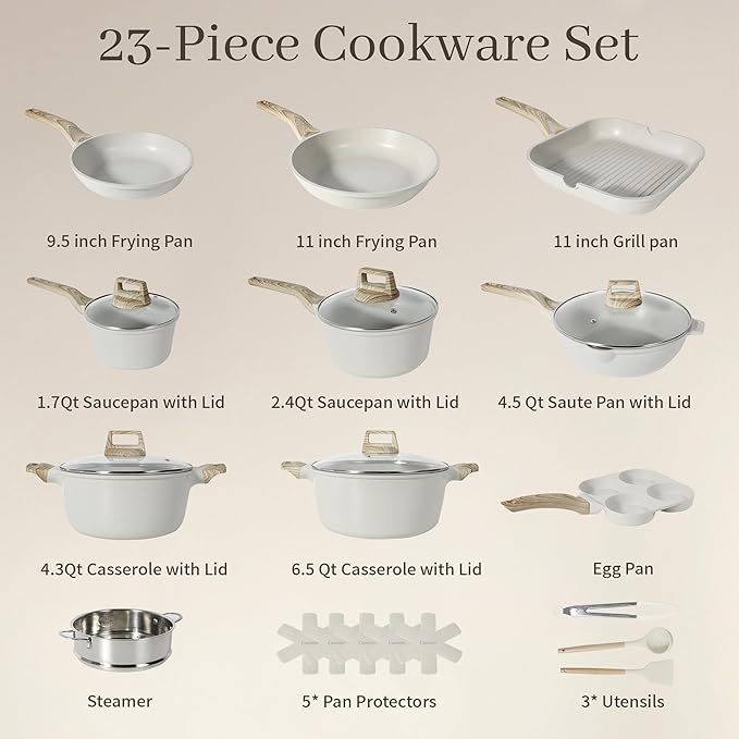 23Pcs Pots and Pans Set Non Stick Kitchen Cookware Sets Granite Induction Cookware Non Stick Cooking Set w/Frying Pans Saucepans Griddle EggPan (White)