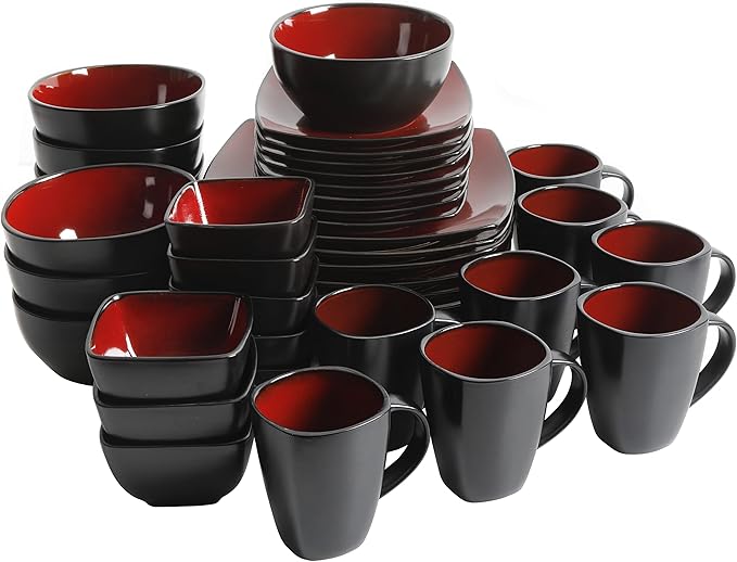 Gibson Elite Soho Lounge Square Reactive Glaze Stoneware Dinnerware Set Service for 8 (40pc) Red/Black