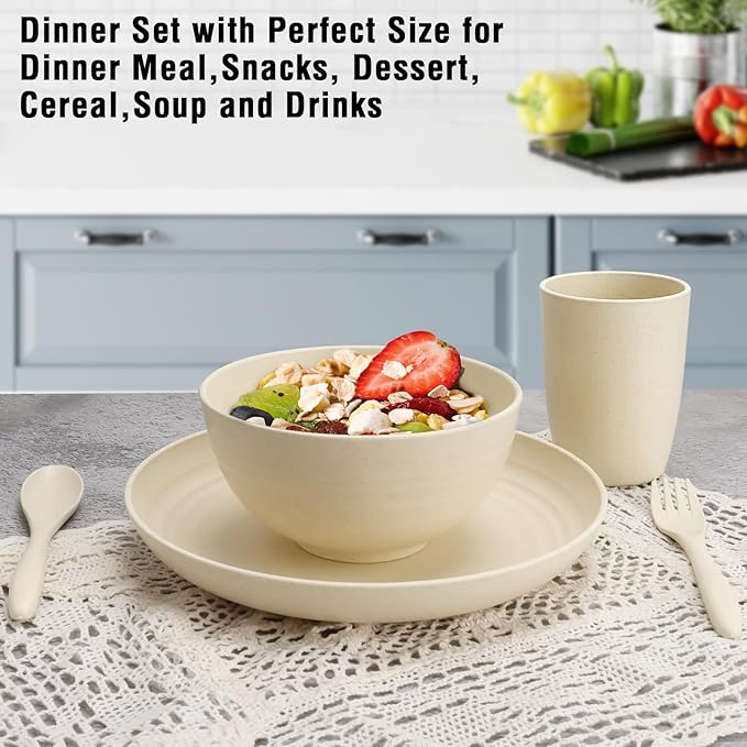 Shopwithgreen Wheat Straw Dinnerware Sets for 4 20 PCS Unbreakable Plates and Bowls Sets Reusable Dinner Dishes Set Bowls Cups Plates for Camping Kitchen RV Dorm Dishwasher Microwave Safe