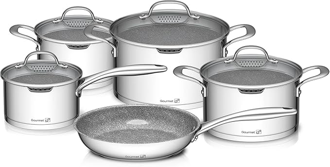 G21 Gourmet Miracle Cookware Set with Strainer 9 Pieces Stainless Steel/Greblon