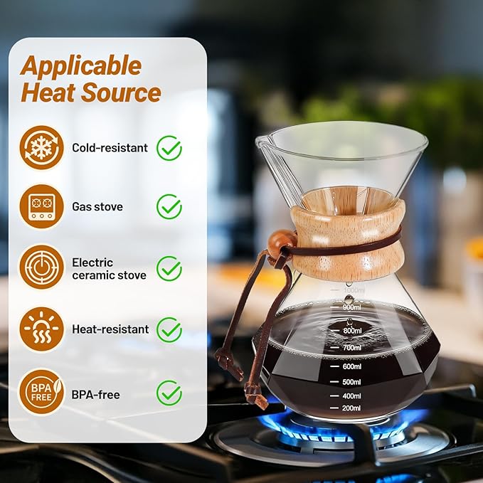 Coffee Pour Over 33.8oz 1000ml High Borosilicate Glass Pour Over Coffee Maker Set Camping with Reusable 304 Stainless Steel Filter Hand Brew Carafe Drip Suitable for Electric Ceramic Stove