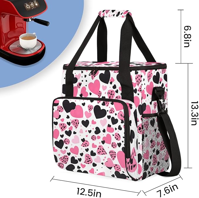 Heart Coffee Maker Carrying Bag Pink Black Portable Travel Storage Tote Bag Compatible with K-Mini or K-Mini Plus Single Serve Coffee Brewer Carrying Case with Multiple Pockets &amp Shoulder Strap