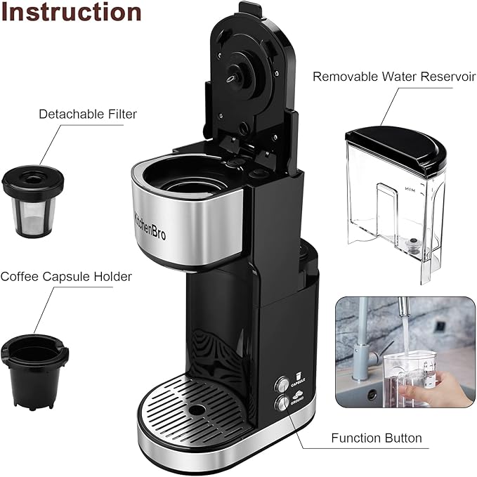 Single Serve Coffee Maker K Cup with Reservoir Space Saver One Cup Coffee Maker 2 In 1 Coffee Maker 6 To 14 Oz Brew SizesFits Travel MugSingle Pod Coffee Maker with Self-Cleaning Function