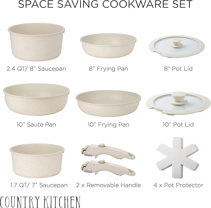 Country Kitchen Cookware &amp Bakeware Bundle- Removable Handle Cookware Set and Vaarious Baking Pans Including Muffin Tins Cookie Sheets Crisper and Loaf Pans