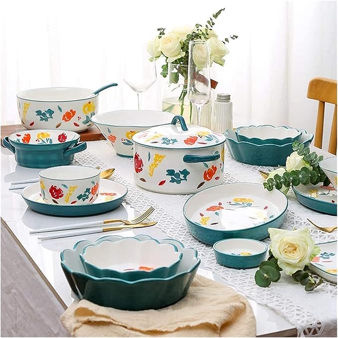 Dinner Set for Luxury Restaurant and Home Ceramics Dinner Sets Bowl &amp Soup Pot &amp Plate | 26 Pieces French Retro Style Porcelain Dinnerware Set