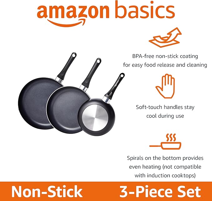 Amazon Basics Ceramic Non-Stick 3-Piece Frying Pan Set 8 Inch 10 Inch &amp 12 Inch Black