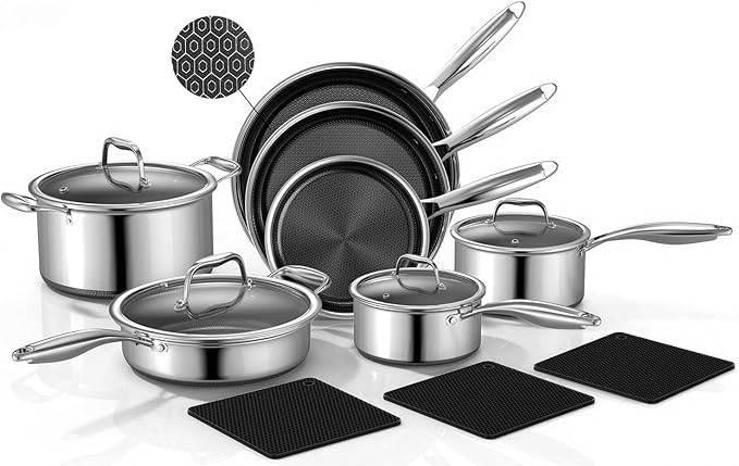 Yoehka 14-Piece Hybrid Stainless Steel Cookware Set Non-Stick Pots and Pans Set with 3 Silicone Trivets | Induction Compatible Frying Pans Saucepans Saute Pan &amp Stock Pot | Oven Dishwasher Safe