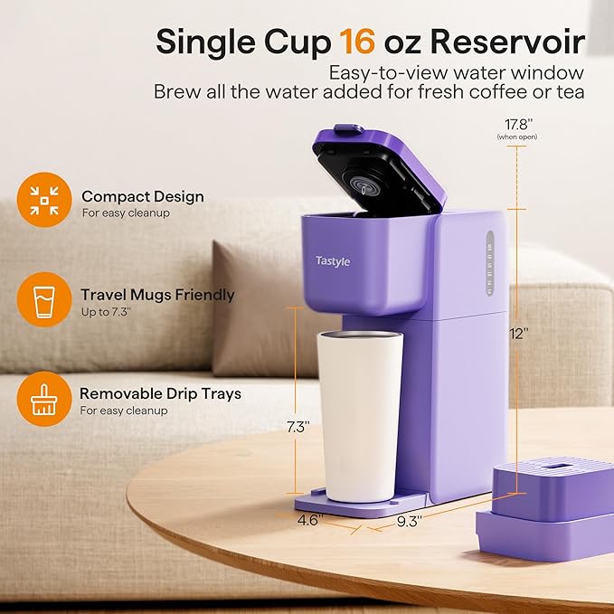 Single Serve Coffee Maker for K Cup Ground and Tea Hot and Iced Coffee Machines with Bold Setting 6 to 16 Oz Brew Sizes Compact for Small Spaces Purple (2.0 Version)