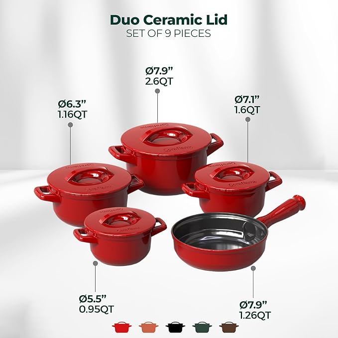 Pure Ceramic Healthy Non Toxic Cookware Set - Oven Safe Up to 1200F Microwave and Dishwasher Safe Longlasting and Lightweight - PFAS PTFE PFOA PFOS - Tomato Red
