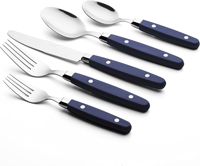 ANNOVA Silverware Set Retro/Rivet Colorful Stainless Steel Tableware Kitchen Flatware Set Utensils Includes Dinner Knives Forks Spoons Salad Forks &amp Dessert Spoons (Navy Blue 20 Pieces)