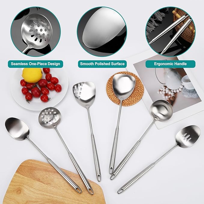 6Pcs Stainless Steel Kitchen Utensils Set – Cooking Utensils Set Stainless Steel Metal Cooking Utensils with Wok Spatula Serving SpoonsLadle Set– Durable Cooking Supplies for Home and Camping