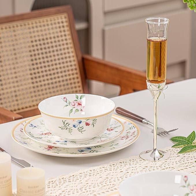 Bone China Plates and Bowels12-Pieces Dinnerware Sets Highly Chip and Crack Resistant Dishwasher &amp Microwave Safe Dishes Set Dense and Translucence