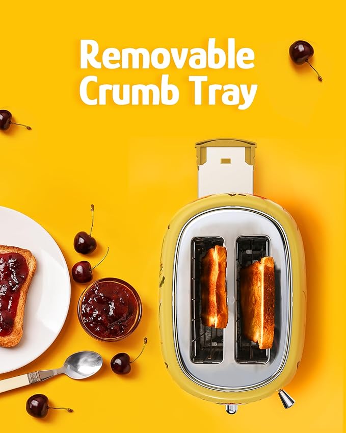 Hazel Quinn X Eduardo Recife Collaboration 2-Slice Retro Toaster 6 Browning Levels 3 Functions-Defrost/Reheat/Cancel Removable Crumb Tray for Easy to Clean 1.5 Inches Extra Wide Slots
