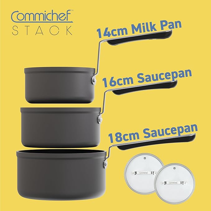 3-Piece Cookware Set Consisting of 14 cm Milk Pan 16 cm Saucepan with Lid and 18 cm Saucepan with Lid Stackable Anodised Aluminium