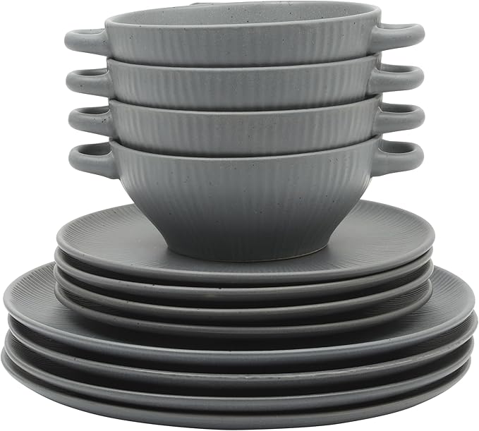Gibson Elite Clover Hill 12-Piece Stoneware Dinnerware Set – Dark Blue Embossed Plates and Bowls with Matte Speckled Reactive Glaze Service for 4 – Microwave &amp Dishwasher Safe