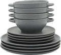 Gibson Elite Clover Hill 12-Piece Stoneware Dinnerware Set – Dark Blue Embossed Plates and Bowls with Matte Speckled Reactive Glaze Service for 4 – Microwave &amp Dishwasher Safe