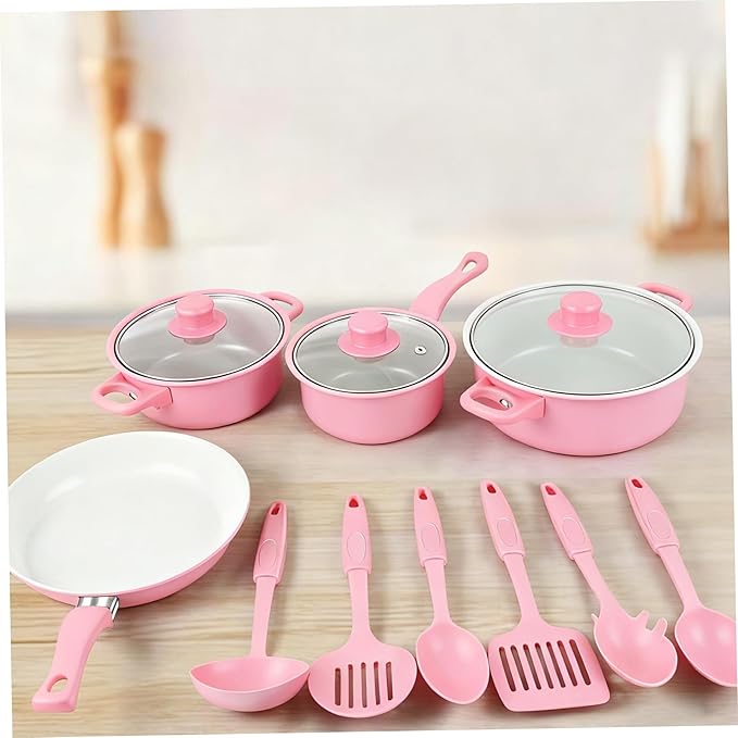 Cast Iron Pots and Pans Set 13Pcs Non Stick Cute Cookware Set Includes Lids Induction Cookware with Comfort Handle PFOA Free