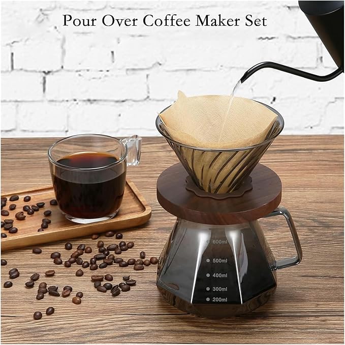 Fit forPour Over Coffee Maker with Walnut Handle &amp Glass Lid - 13.5/20 OZ Glass Coffee Pot for Home Café Restaurant and Camping(400ml)