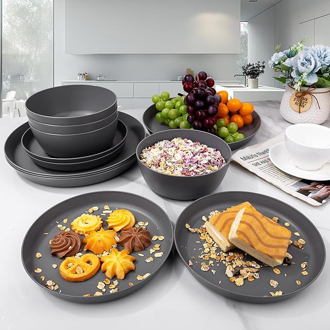 EI 12pcs Wheat Straw Dinnerware Set of 4Kitchen Plates and BowlsReuasble PlatesUnbreakable Dinner PlateHard Premium Plastic Plate for CampingPicnincHalloween